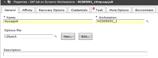 General tab of the SAP job on dynamic workstations with New and Edit buttons to launch Options Editor