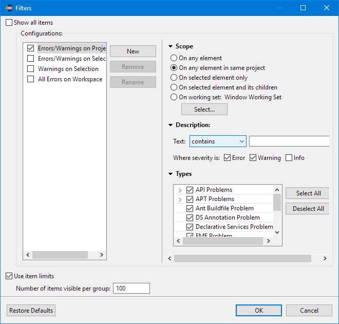 Picture of the Filters options.